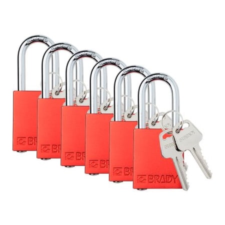 Brady Brady Safety Lockout Padlock, Keyed Different, 1-1/2in, Aluminum/Steel, Red, 6/PK SDAL-RED-38ST-KD6